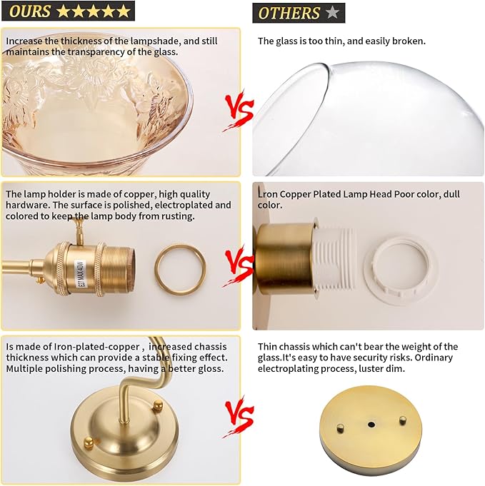 Plug in Wall Sconce Set of 2, Gold Vintage Wall Decor Lights with Amber Morning Glory Glass Shade, Indoor Brass Corded Wall Lamp Fixture for Bedroom Living Room Bathroom Hallway