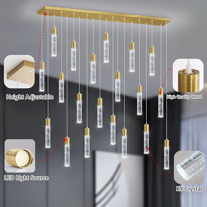 20-Lights Modern Crystal Chandeliers LED Pendant Light for Kitchen Island Dining Room Entrance Foyer Living Room 6000K Gold