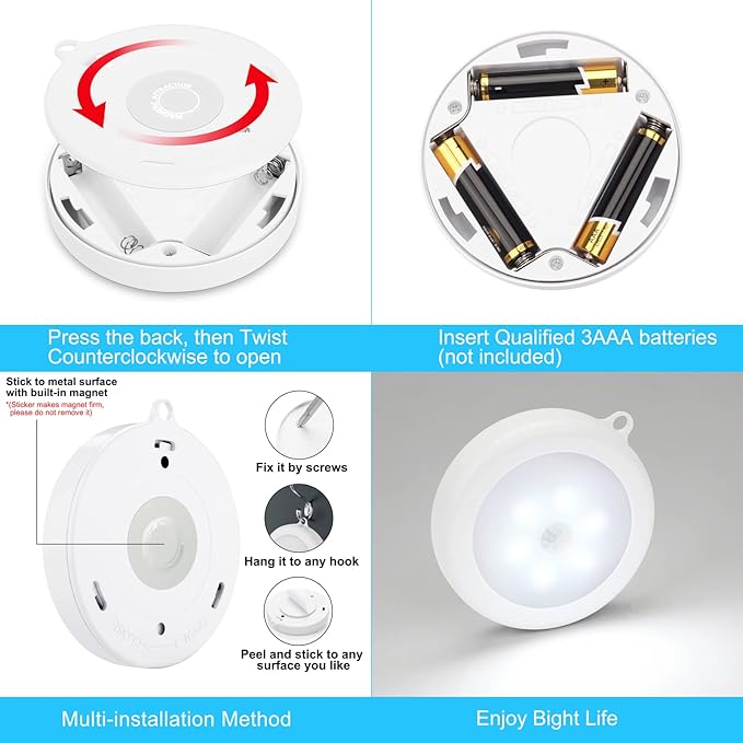 Mlambert 4 Pack Motion Sensor LED Night Light, Cordless Battery-Powered Stick-on Magnet Closet Lights, Safe Lights for Stairs, Cabinet, Cool White