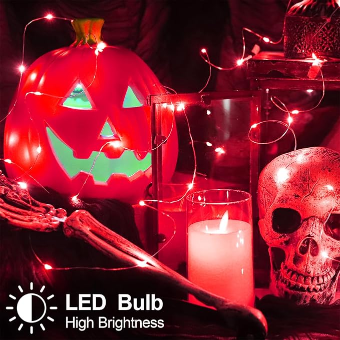 YAOZHOU Christmas Decorations Red Fairy String Lights, Battery Operated with Timer, 2 Pack Total 33FT 100 Led Mini Battery Powered Mason Jar Waterproof Firefly Lights DIY Party Halloween