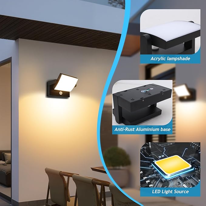 Motion Sensor Outdoor Light Black 350 °Rotatable 18W 1980LM Modern Porch Light IP65 Waterproof Wall Sconce for Outside 3000K Warm White Patio Light for Entrance Doorway House Gardern Garage