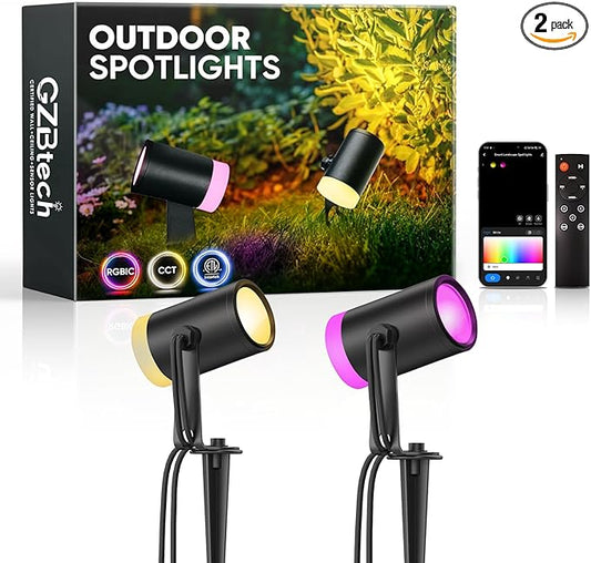 GZBtech Waterproof Landscape Spotlights, 24V RGB+IC+CCT Color Changing Outdoor Pathway Lighting, App&Remote Control Work with Alexa, Aluminum Dimmable LED Spot Light for Garden Yard Decor, 2 Pack