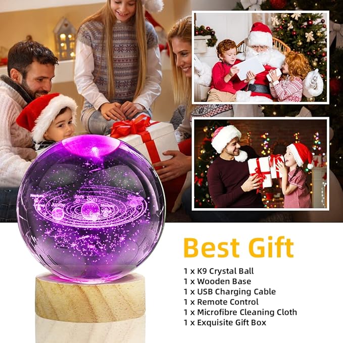 3D Solar System Crystal Ball Night Light with 16 Color LED Wooden Base, Upgraded 3.15 In Galaxy Planets Glass Ball Lamp with Remote Control Cool Astronomy Desk Decor Gifts for Kids Girls Boys Friends
