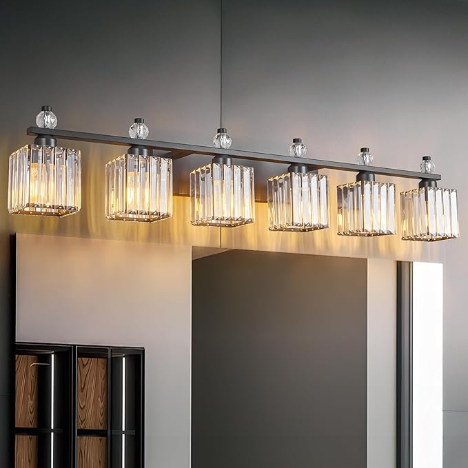 Vanity Lights 6-Light Modern Crystal Vanity Light Sand Black Bathroom Light Fixtures Over Mirror Crystal Bathroom Vanity Lighting Fixtures