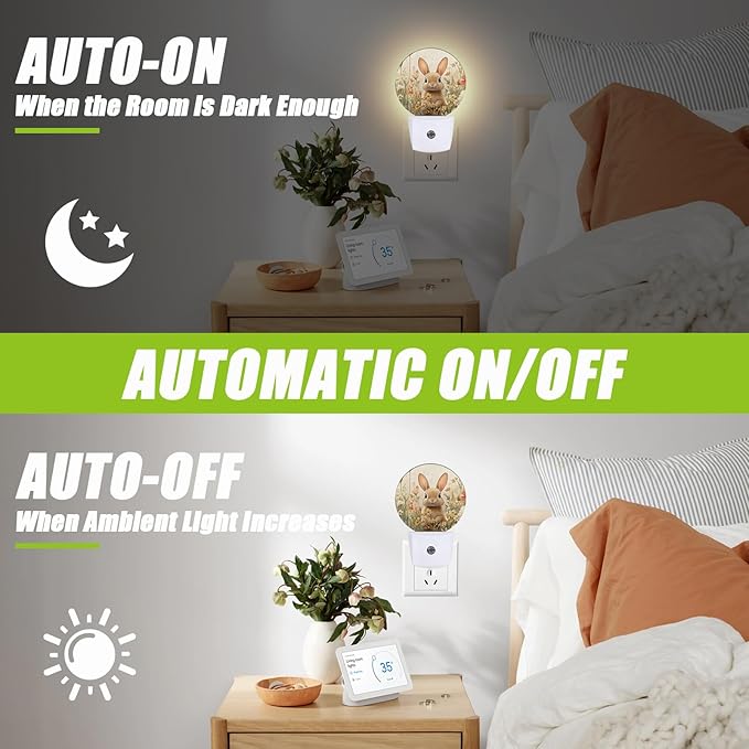 Cute Rabbit Night Light,Spring Wildflowers Plug-in Night Lights with Dusk-to-Dawn Sensor for Bedroom Bathroom and Living Room Sleep Friendly Rabbit