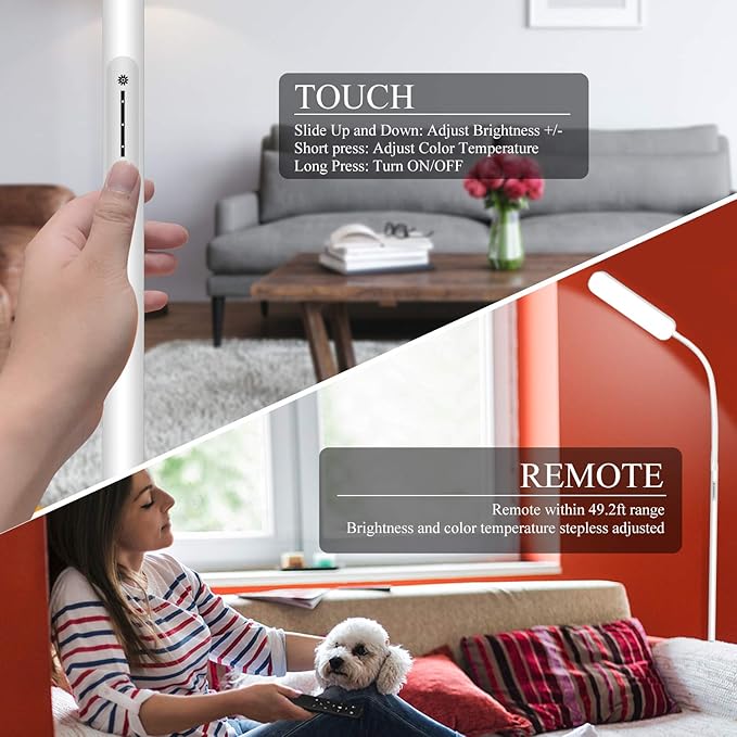 Floor Lamps, 15w/1000lm Bright LED Floor Lamp with Stepless Adjustable 3000K-6000K Colors and Dimmer, Remote and Touch Control Reading Lamp, Adjustable Floor Lamp for Living Room