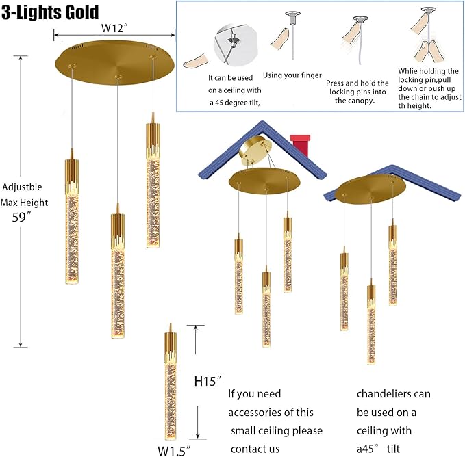 Flashing God Mini Gold Crystal Chandelier Integrated LED Pendant Light for Kitchen Island 3 Light Chandeliers Pendant Lighting with Remote Control