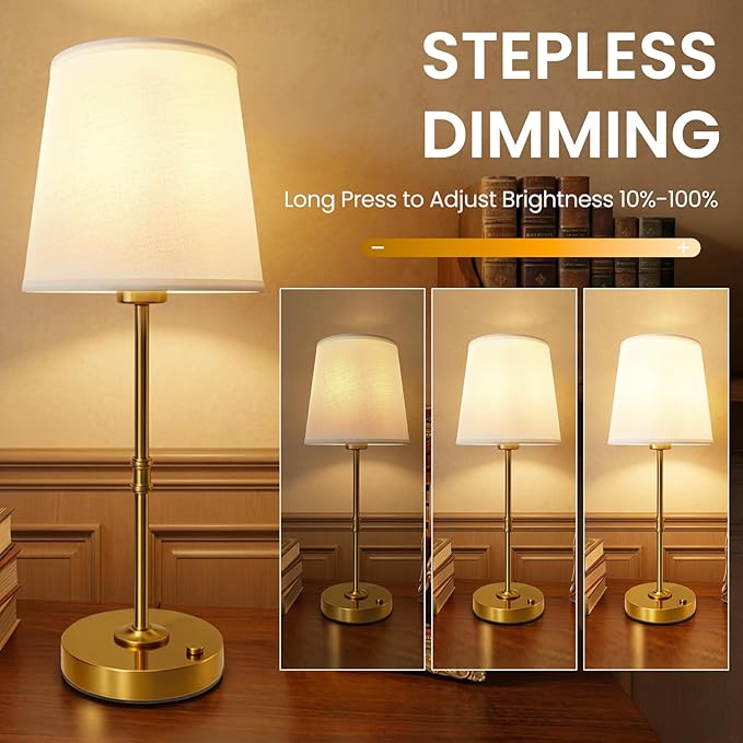 Gold Portable Cordless Table Lamp, Rechargeable Bedside Lamp, Stepless Dimming Touch Control Nightstand Lamp, 2700K Warm Light, Vintage Desk Lamp for Living Room, Dining Table Decor (Tall)