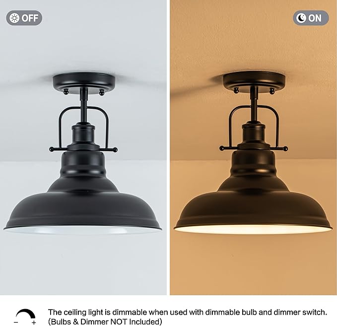 Famrhouse Ceiling Light, Semi Flush Mount Light Fixture with Metal Dome Shade, Balck Ceiling Light for Hallway, Entryway,Kitchen