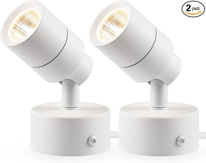 SUNVIE 2 Pack LED Up Lights Indoor, 3W Spot Lights for Indoor Use with 3000K Warm White, 120V Spotlights for Plants Pictures Artwork Uplighting & Accent Lighting, 5.9 FT Plug Cord with Foot Switch
