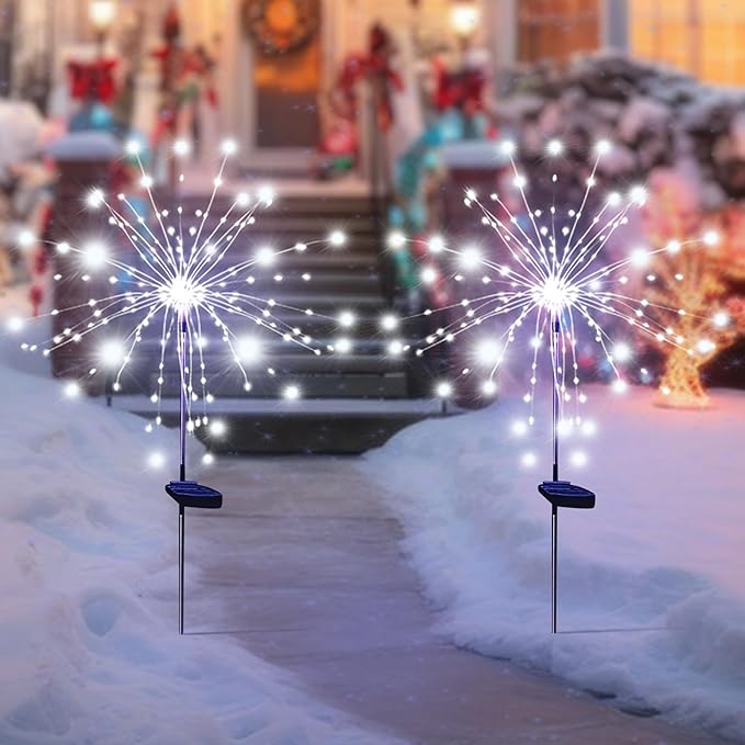 Solar Garden Firework Lights Outdoor Waterproof, 6 Pack Solar Powered Art Stake Twinkle Lighting for Outside Decor, 120 LED Sparklers String Lights for Yard Pathway Decorations(White)
