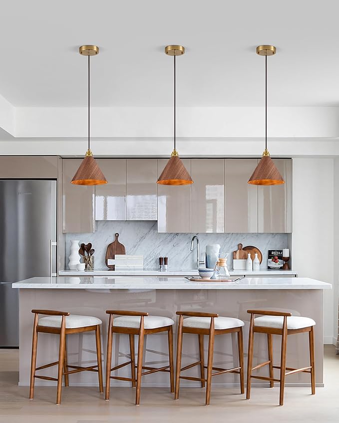 2 Pack Pendant Lights Kitchen Island, 8.3” Modern Pendant Light, Adjustable Height Wood Hanging Light, Kitchen Island Light fixtures for Dining Room, Bedroom, Hallway, Bar (Walnut)