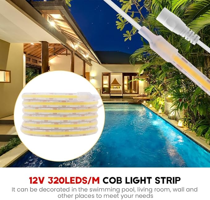 KISUFU 12V COB LED Strip Lights 320 LEDs/M IP68 Waterproof Super Bright DC Flexible LED Tape Lights with Power Adapter for for DIY Bedroom Kitchen Home Decor