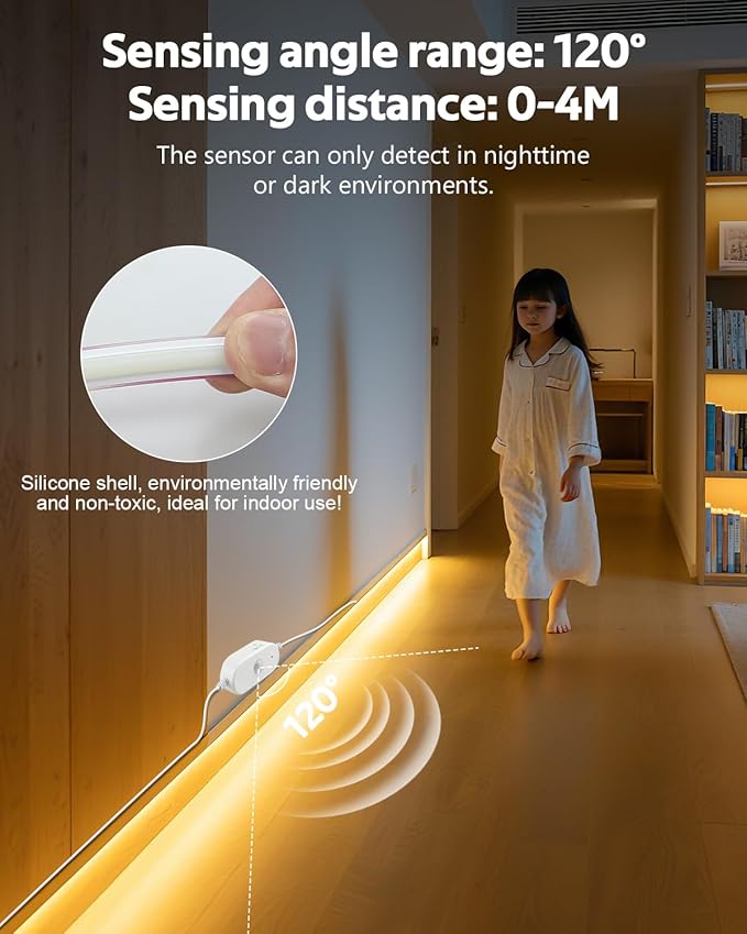 AC 110V Motion Sensor COB LED Strip Light Outdoor Waterproof 40FT/12M Plug In Warm White 3000K High Density 288LED/M Adjustable Time-Delay Flexible Motion Activated Led Light Strip for Cabinet Stairs