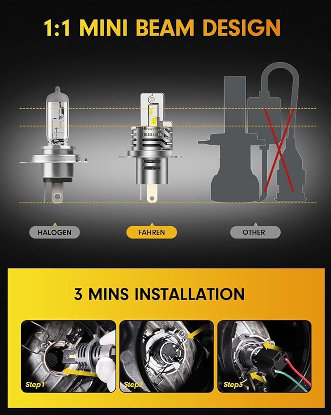 FAHREN H4/9003 Bulbs,𝟕𝟎,𝟎𝟎𝟎𝐋𝐌(𝟏,2𝟎𝟎%) 𝟏2𝐗 Brighter 6500K Cool White, 1:1 Mini Size Plug and Play Upgraded HB2 light fog bulb, pack of 2