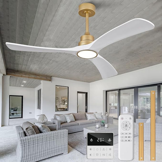 White Gold Ceiling Fans with Lights,52 inch Solid Wood Ceiling Fan with Remote Control,Wall Switch,Dimmable,Reversible,Power Off Memory Modern Ceiling Fan for Bedroom Patio Indoor/Outdoor Use