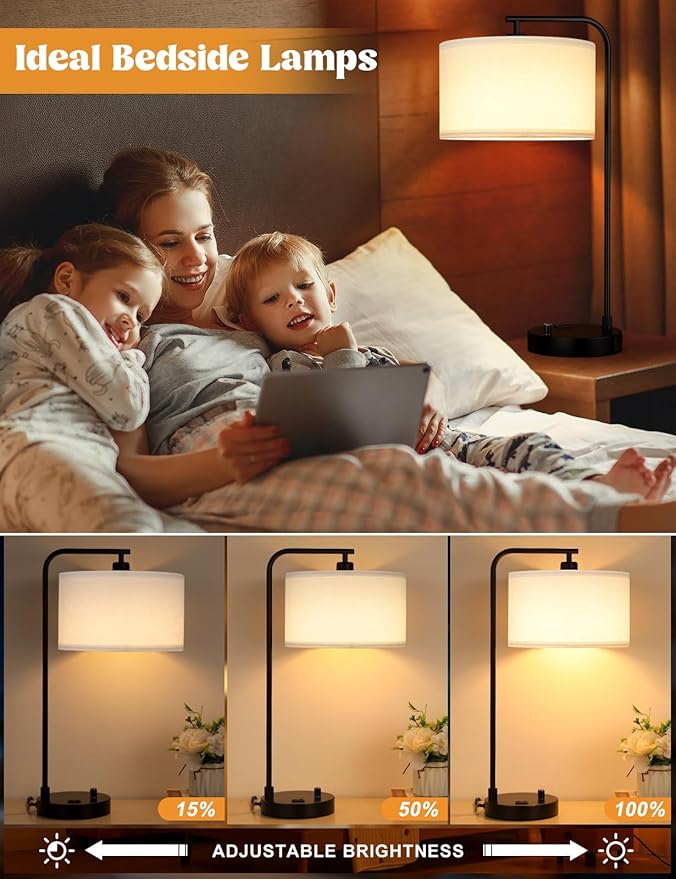 White Side Table Lamp with USB Port and Outlet, Dimmable Nightstand Bedside Lamps with Linen Lampshade, Desk Lamp for Bedroom, Living Room, Guest Room, Home Office, LED Bulb Included