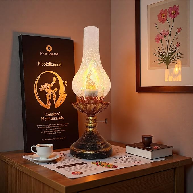 Vintage Table Lamp - 3 Modes Dimmable Retro Rustic Desk Lamp with Crackle Glass Shade, Antique Victorian Style, E26 Bulb Included, Ideal for Bedroom, Living Room, Home Decor (Transparent-Gold)