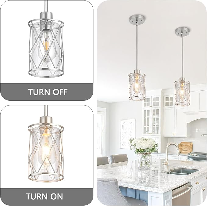 Refice Glass Pendant Lights Kitchen Island, Brushed Nickel Kitchen Hanging Light with Clear Glass, Farmhouse Cage Mini Pendant Lighting for Sink Dining Room Bedroom Bar, 3 Pack