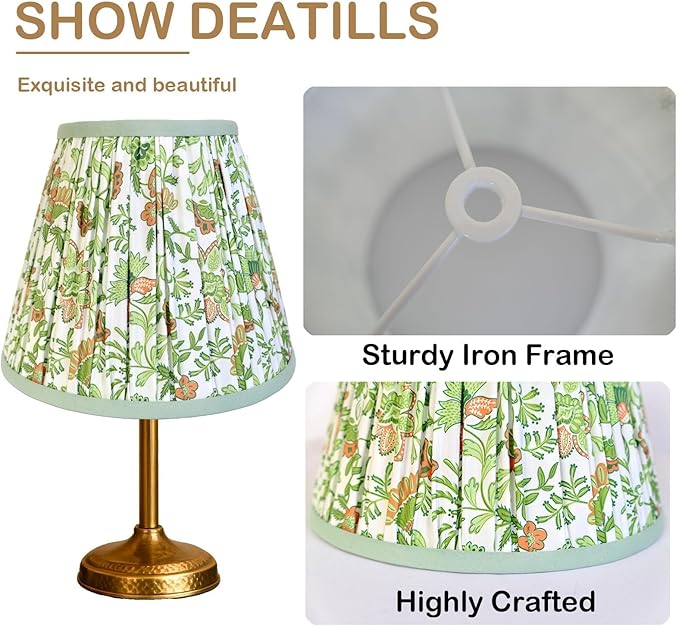 Lamp Shades Set of 2, 5" Top x 9" Bottom x 7" Slant Chandelier Shades Gingham Ruffle Scallop Lampshades for Vintage Farmhouse Cottagecore Table Bedroom Home Decor (Green Floral)