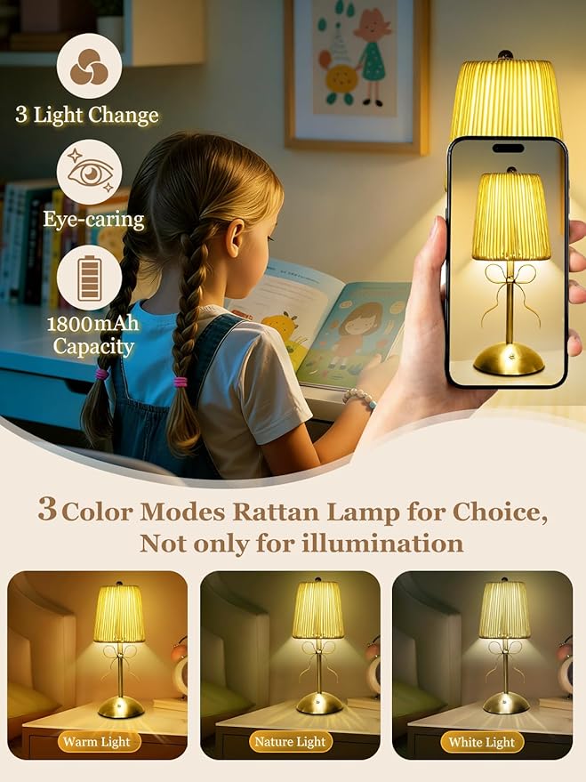 Boho Bow Rattan Table Lamp, Cordless Wicker Woven Vintage Table Lamp - LED Rechargeable Touch Control 3 Color Dimmable Reading Bedside Lamp for Bedroom Living Room Office, Home Outdoor Decor