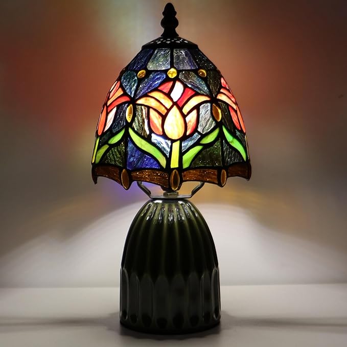 Tiffany Lamp Stained Glass Mushroom Table Lamps 6X6X12.5 Inch Red Tulip Style Small Night Light Ceramic Base Mini Accent Desk Light Suitable for Bedside Table Bedroom Children Room