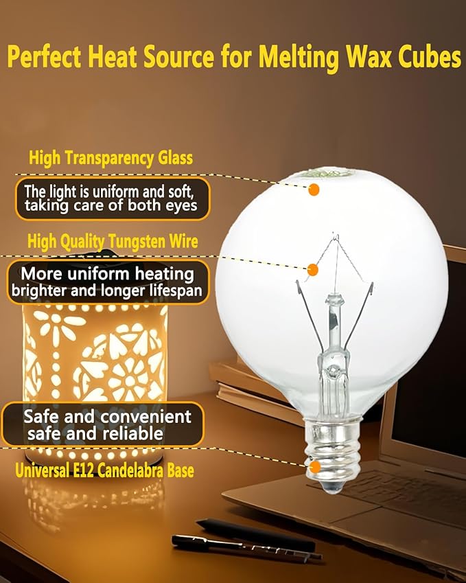 25 Watt Wax Warmer Bulbs,Light Bulbs for Full Size Scentsy Warmer & Candle Wax Warmer,Long Life-Span and Melt Wax Fast Warming Bulbs,120 V/E12 Type G Bulb,Dimmable, Warm White,6 Packs