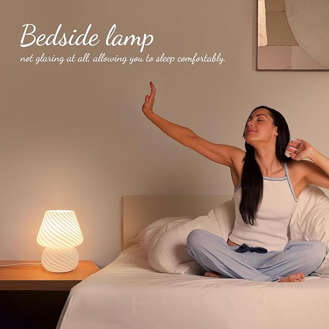 ONEWISH Mushroom Lamp-Small Bedside Table Lamp with Striped Glass, Nightstand Lamp for Bedroom, Living Room, 3000K E26 Bulb Included(White)