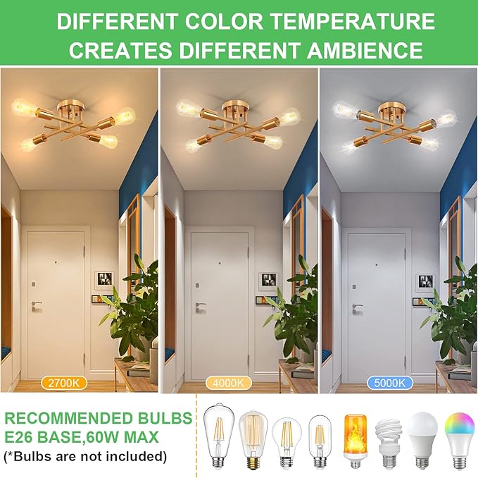SunRider Industrial 4-Light Semi Flush Mount Ceiling Light Fixture, Modern Lighting Brushed Golden, Rustic Sputnik Chandelier for Kitchen Living Room