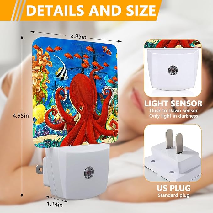 Red Octopus Night Light, Fish Sea Plug-into Nightlight White LED Lamp, Energy Efficient Decor Desk Lamp for Bedroom Hallway Stairs Bathroom