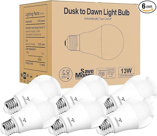 Torkase Outdoor Dusk to Dawn Light Bulbs, Smart Sensor LED Lighting Bulb 13W(100W Equivalent), E26 6000K,6 Pack Built-in Photocell Detector, Automatic On/Off,for Porch Hallway Garage Boundary