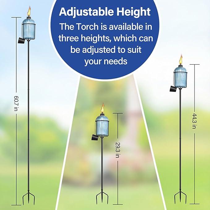 4 Pack Glass Garden Torch , 13.5 oz Blue Outdoor Torch Garden Décor , 61-Inch Upgraded Citronella Torches with 3-Prong Grounded Stake , Metal Light Torches for Party Patio Pathway