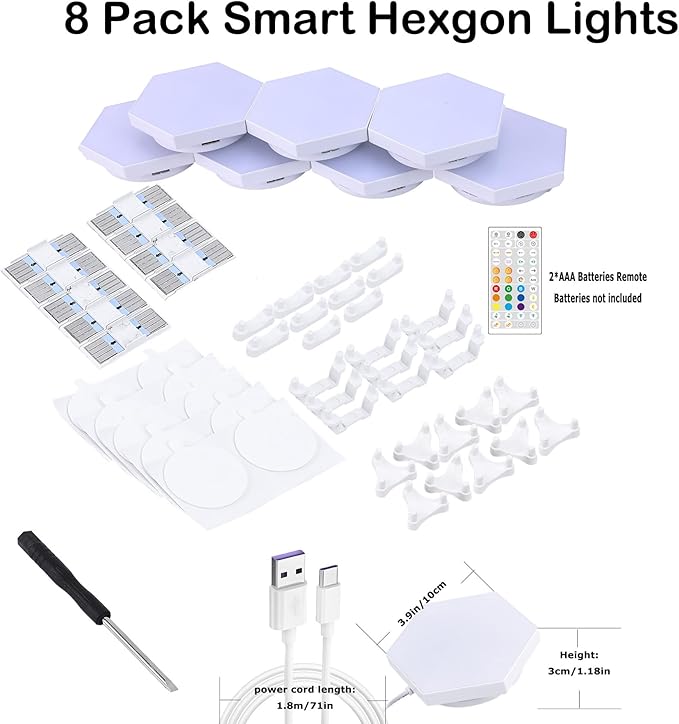 Smart Hexagon Lights DIY Hexagon Led Light App & Remote Controlled & Music Sync Features USB & Type C Modern RGB Wall Panels for Living & Gaming Decor (8Pack)