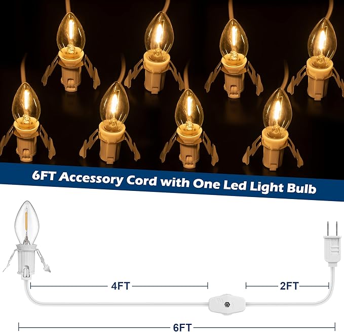 Feekoon 8 Packs 6ft Village Light Cord with 1W C7 LED Bulb, Salt Lamp Cord with ON/Off Switch and 2 Spare Fuses, Blow Mold Light Ideal for Christmas Village House Craft Decorations