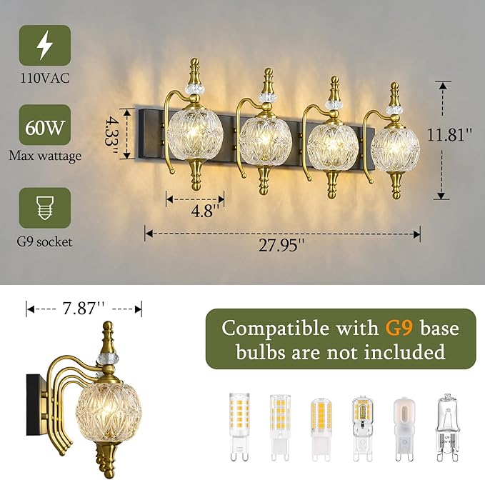 Modern Crystal Bathroom Vanity Lights Fixtures Over Mirror Black Gold Vintage 4-Lights 28 Inch Bathroom Light Fixtures Glass Crystal Vanity Lights