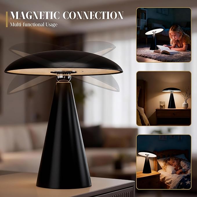 Mushroom Aesthetic Cute Lamp,Magnetic Mid Century Modern Lamp with 3-Mode Lighting for Unique Home Mushroom Decor,Cordless USB Rechargeable Lamps for Bedside/Dorm/Office/Entryway Decor(Black)