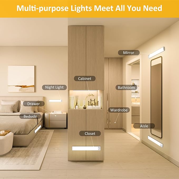 51-LED Motion Sensor Under Cabinet Lights, Magnetic Rechargeable Under Counter Closet Lighting, Wireless Light Bar Stick-On, 2-Pack, Warm White