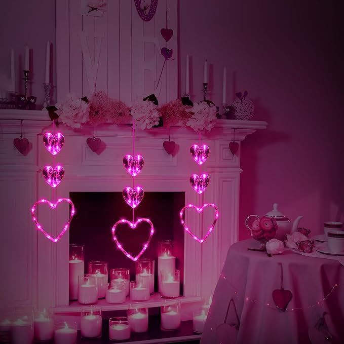 3 Pack Valentines Day Window Lights Decorations with Timer, Battery Powered Hanging Pink Lighted Heart Shaped Silhouette Sucker LED Lamp for Fireplace Indoor Home Decor