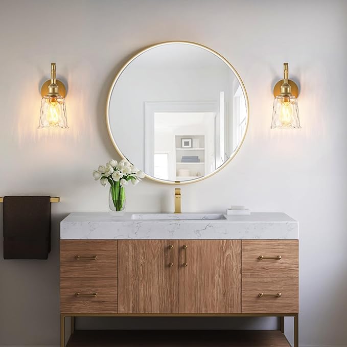 Gold Wall Sconces, Modern Brushed Gold Sconce Wall Lighting, Vintage Glass Light Fixtures for Bathroom Vanity Mirror Living Room Bedroom Kitchen Hallway Stairway E26 Hardwire