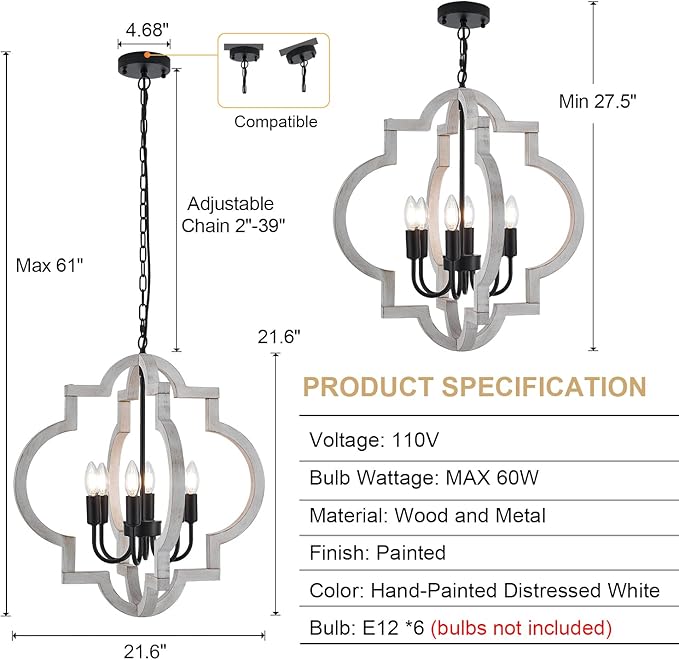 6-Light 21" Farmhouse Orb Chandelier Rustic Handmade Distressed White Wood Hanging Ceiling Pendant Light Fixture Wood Lantern Chandeliers for Dining Room Kitchen Bedroom Foyer Hallway