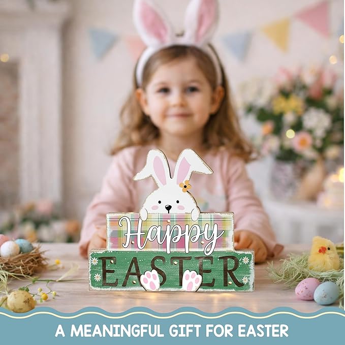 Happy Easter Sign Bunny Decor, Farmhouse Light Up Easter Decorations, Rustic Lighted Spring Decoration With LED Lights, Wooden Rabbit For Home, Office, Kitchen, Table Centerpiece, Tiered Tray, Mantel