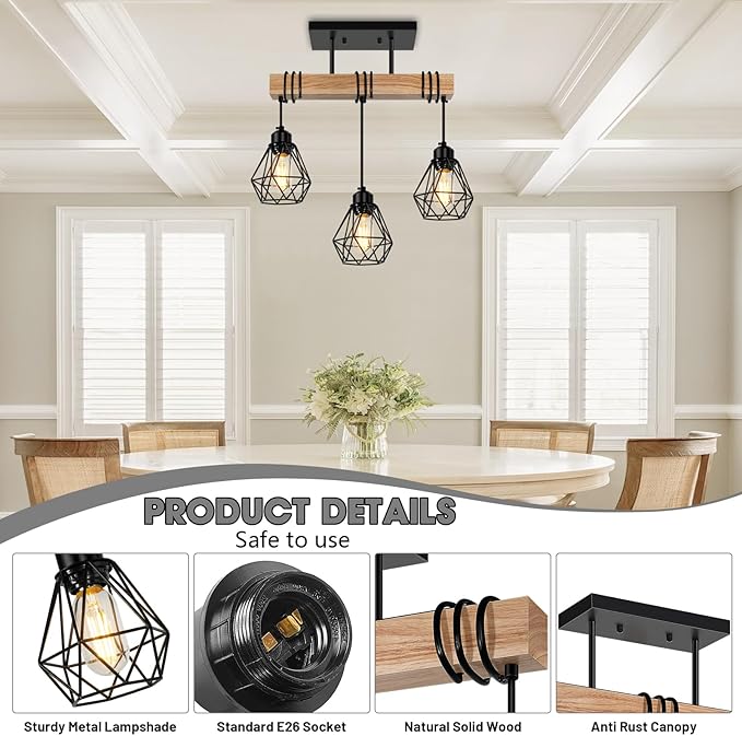 3-Lights Farmhouse Dining Room Pendant Light Fixtures Over Table, Rustic Solid Wood Kitchen Island Lighting Hanging with Metal Shades, Modern Black Ceiling Pendant Lamp for Living Room Hallway