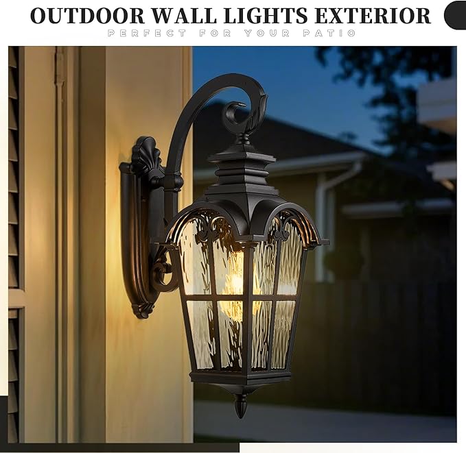 Outdoor Wall Sconce Light Exterior Lighting Fixtures in Black Finish 31 Inch Height Large Size Outdoor Wall Lights with Water Ripple Glass E26 Socket Waterproof