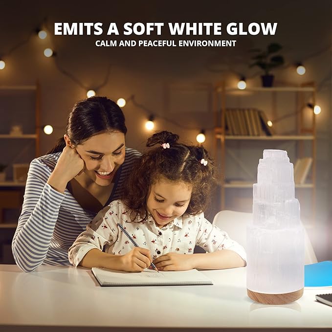 Selenite Crystal Lamp 20cm, Hand Crafted Wooden Base Moroccan Lamp, Selenite Lamp for Smudging, Healing & Meditation, Best for Gift (ETL Certified)