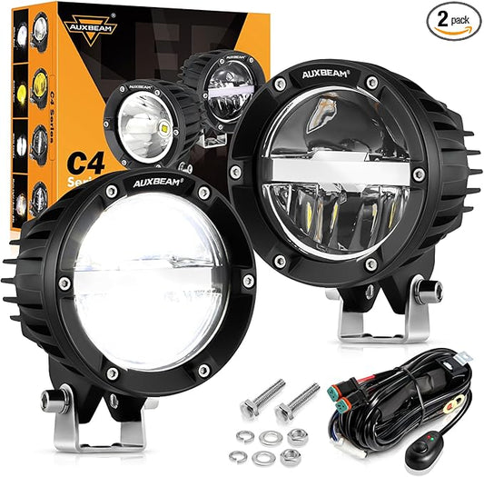 Auxbeam 4 Inch 100W Round Offroad Lights, LED Driving Light Pods with Hi/Lo/Combo Beam Design, 10000LM Super Bright Work Fog Light with Wiring Harness for Truck Pickup SUV ATV UTV 4x4