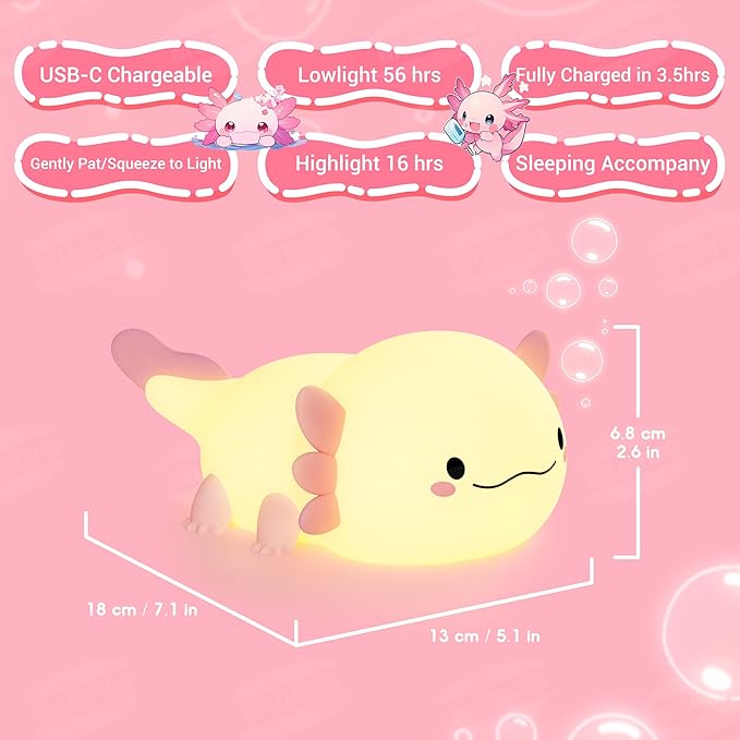 Axolotl Night Light, LED Cute Silicone Nursery Axolotl Lamp for Kids, Rechargeable Squishy Nightlight Touch Nightlight Bedside Lamp with 20 Minutes Timer for Breastfeeding, Funny Decor, Cute Gifts