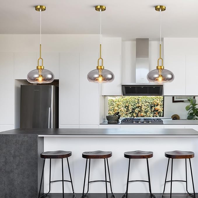 Light Smoke Gray Glass Pendant Lights Kitchen Island Gold Pendant Light Fixtures Adjustable Height Modern Pendant Lighting for Bedroom Dining Room (1-Pack)