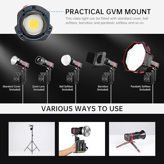 GVM 3 Packs 60W Video Light for COB Studio Lights, Portable Photography Lighting for Recording, Handheld Led Video Lighting, Spotlight for APP Control, Outdoor, 2700-6800K, 51800LUX/0.5M, 6 Batteries