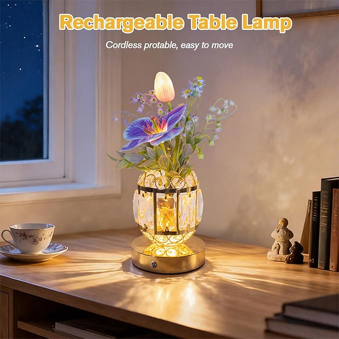 Flower Table Lamp, 3-Color Dimmable Tulip Artificial Flowers Night Light, Rechargeable Cordless Small Lamp, Ambient Light with Crystal Vase for Party Home Desk Decorations (Purple Blue - Flower)