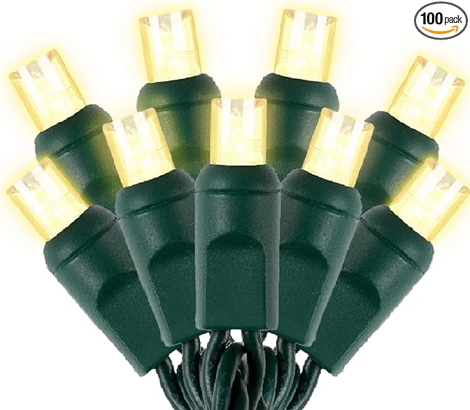 Warm White LED Christmas Lights Outdoor– 50ft 100 Counts Commercial Grade Outdoor Waterproof Green Wire Tree Lights, 5mm Wide Angle Plug in for Xmas, UL, IP:65